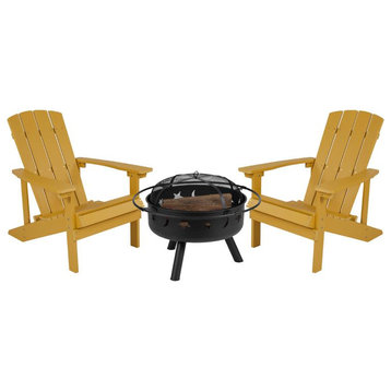 3 Pc Charlestown Poly Resin Wood Adirondack Chair Set with Fire Pit, Yellow