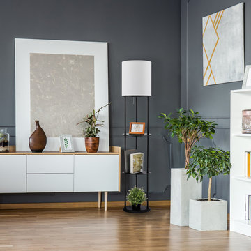 Reid 57.5" Shelf Floor Lamp, Matte Black, White Linen Shade, Built-In Shelving U