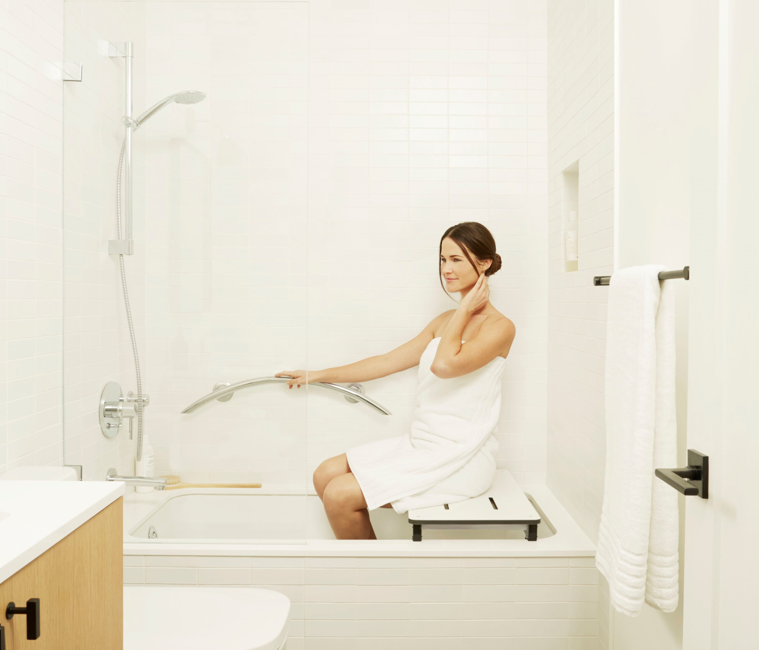 30" Crescent Curved Shower Grab Bar, Polished Stainless
