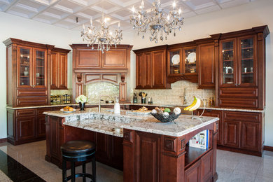 Traditional kitchen in New York with raised-panel cabinets and medium wood cabinets.
