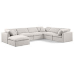 Meridian Furniture - Indulge Upholstered Modular U-Shaped Sectional, Cream, 7-Piece: 3 Armless Chair, 3 Corner Chair, 1 Ottoman, Down Stuffed Linen Textured Fabric - Experience ultimate comfort and style with our cream linen textured fabric Indulge Sectional. The luxurious linen texture of the fabric will elevate the aesthetic of any room. This sofa provides ample space for you to relax while its modular build offers the option of unlimited configurations. Whether you're looking to add a stylish element to your living room or a comfortable seating option to your bedroom, this sofa is the perfect choice.