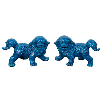 Porcelain Blue Foo Dogs, Set of 2
