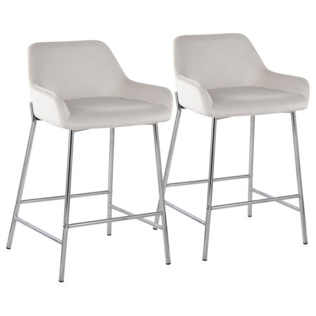 Daniella Fixed-Height Counter Stool, Set of 2, Chrome Metal, White Velvet