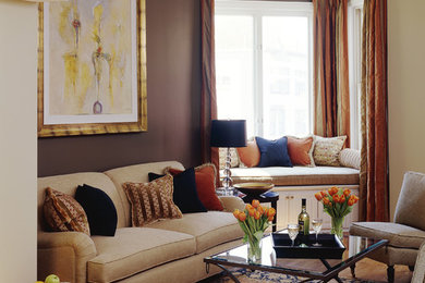 Inspiration for a contemporary medium tone wood floor living room remodel in Chicago with brown walls
