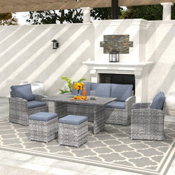Patio Dinning Table Set Outdoor Dining Set (Grey Wicker Grey Cushion) - Outdoor Dining Sets