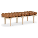 Meridian Furniture - Landon Faux Leather Bench, Cognac, Natural Oak Finish - Outfit your foyer, bedroom, dressing room or other area of the home with this handsome cognac Landon vegan leather bench. A rolled vegan leather seat upholstered in cognac vegan leather gives this uniquely designed bench the luxe look of leather without the maintenance requirements. Built to last, this art-deco-inspired bench has a solid oak base finished in natural oak for a beautiful, resort feel in whatever room you wish to use it in.