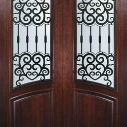 Prehung Double Door 96 Wood Mahogany Barcelona Arch Top Arch Lite - Front Doors