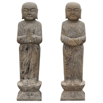 Pair Chinese Stone Carved Standing Zen Garden Monk Lohon Statues Hcs7645