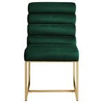 INSPIRED HOME - Inspired Home Maddyn Dining Chair, Velvet Hunter Green/Gold - Blend a generous dose of luxury and style into your home with these modern armless dining chairs in a set of 2, tailored to inspire. Our trendy chairs are available in chrome or gold frames and in velvet or PU leather upholstery. These impressive pieces are sure to add elegance and sophistication to your dining room, kitchen, office, powder room, or makeup room. A perfect stand-alone piece or a lovely addition to any room. Modernize your home seating decor with rich channel tufted upholstery and a sleek stainless-steel frame for that glam style.