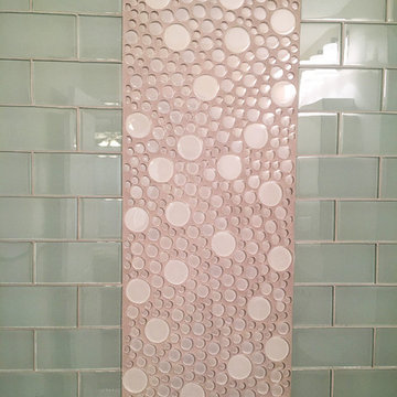 Bath with Seafoam Glass Subway Tiles and Bubbles!