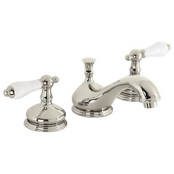 Low Profile Bathroom Faucet, Widespread Design With White Lever Handles, Nickel
