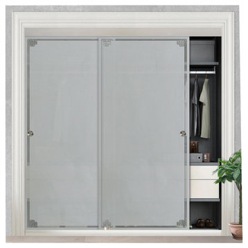 Frameless 2 Leaf Sliding Closet Bypass Glass Door, Corner Design., 48"x96" Inche