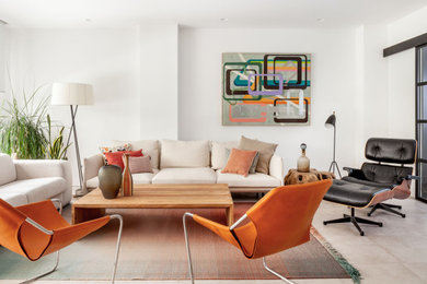 Diseño de salón para visitas contemporáneo sin chimenea con paredes blancas y suelo beige