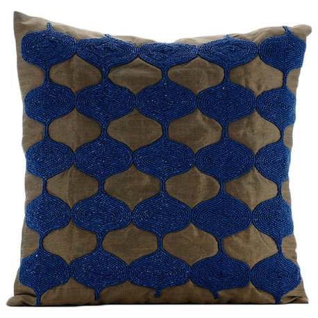 Blue Beaded Lattice Trellis 26"x26" Silk Euro Shams, Living Blue Tops