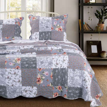 Benzara BM218784 Microfiber Quilt & 1 Pillow Sham Set, Floral Prints, Multicolor