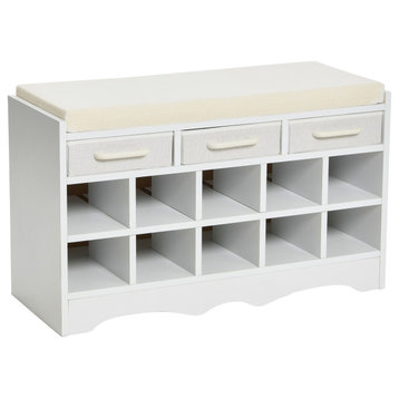 Entryway Storage Bench, 3 White Drawers 10 Shoe Compartments, Cushioned Seat