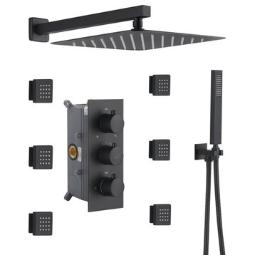 CASAINC 12" Wall Mounted 3 Way Thermostatic Luxury Shower System Set, Matte Black