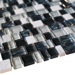 White, Black and Blue Random Brick Cubes Pattern Glass Mosaic Tiles - Home Accessories & Decor