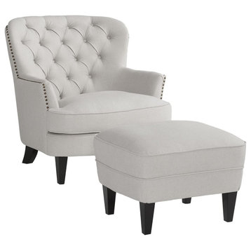 Contemporary Armchair With Ottoman, Padded Seat Wide Diamond Tufted Back