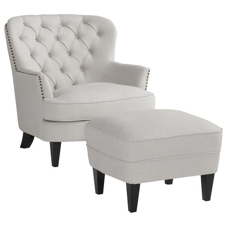 Beige Fabric Club Chair with Ottoman, Black Legs, Padded Seat, Tufted Back