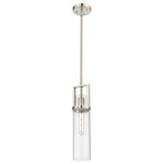 Innovations Lighting - Utopia 1 Light 15" Stem Hung Pendant, Satin Nickel, Clear Glass - Modern and geometric design elements give the Utopia Collection a striking presence. This gorgeous fixture features a sharply squared off frame, softened by a round glass holder that secures a cylindrical glass shade.