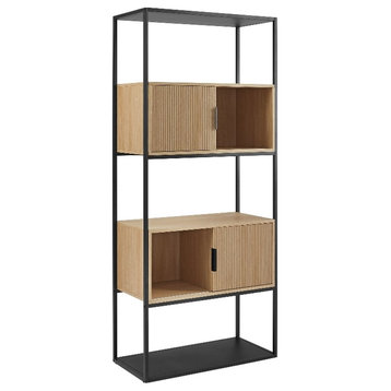 Tall Wood Bookcase with Closed and Open Storage - Oak/ Black