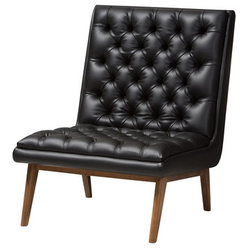 Annetha Faux Leather Upholstered Walnut Finished Wood Lounge Chair, Black