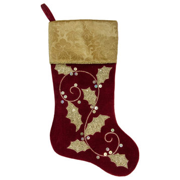 20.5" Velvet Gold and Maroon Etched Cuff Christmas Stocking