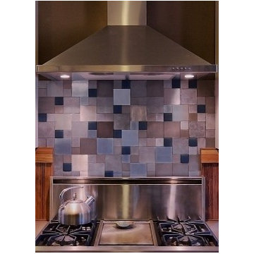 Recycled aluminum tile backsplash with glass tile Accents