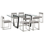 Armen Living - Kai Anastasia Glass Dining 7-Piece Set, Brushed Steel, Light Gray Fabric - Give a sophisticated upgrade to your dining area with the Kai Anastasia Dining Set by Armen Living. This set includes 1 Kai Rectangular Glass Dining Table with Metal base and 6 Anastasia Upholstered Dining Chairs. The crisp and clean-lined design of our dining set offers modern drama and elegance. The rectangular, glass tabletop beautifully balances on a streamlined metal base. The sharp angles and contrasting finishes lend a touch of polish and definition to our dining table. It serves as a brilliant complement to our Anastasia dining chairs. The Anastasia's cushioned backrest and padded seat showcase a neat channeling detail that provides texture for a chic and inviting look. Creating a beautiful contrast with the sleek frame and comfortable cushions, these dining chairs are set to make a stylish impact. The chair is upholstered in performance fabric or smooth faux leather to offer easy care and maintenance. Together, this dining set can bring an elevated tone to your kitchen, dining room, or living space. It serves as the perfect spot to enjoy dinners, engaging conversations, and activities. With sturdy construction and high-quality materials, our dining set will continue to bring style and comfort to your home. The Kai Anastasia 7 Piece Rectangular Glass Dining Table Set is available in matching finishes and a variety of colors, or sold separately to achieve any look you desire.