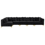 Meridian Furniture - Tremblay Modular Sectional, Black, L-Shaped, 6-Piece: Armless (4), Corner (2) - Lean back and relax on this Tremblay sectional. Featuring soft black velvet upholstery with deep button tufting, this sectional adds a bold touch to any living space. A complete set of gold and chrome legs are included, so you can change it up to suit your home decor. This sectional is modular, so you can create infinite configurations with it, which are easily attached using the latch underneath the frame. Its contemporary design is perfect for the modern home.