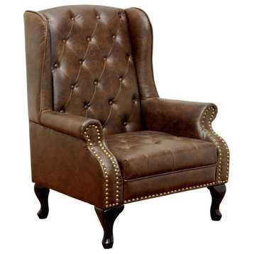 Bowery Hill Traditional Faux Leather Tufted Accent Chair in Rustic Brown