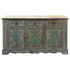 Relief Flower Motif Distressed Cream Yellow White Sideboard Table Cabinet cs5372