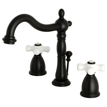 Classic Bathroom, Tall Curved Spout & Crossed White Handles, Matte Black