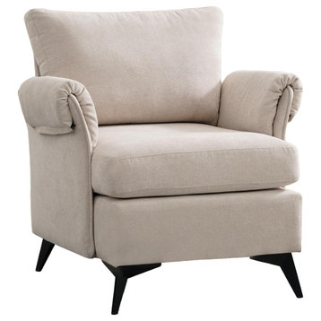 Unique Accent Chair, Tapered Metal Legs & Washable Linen Upholstery, Beige