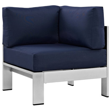 Modern Contemporary Urban Outdoor Patio Corner Sofa Chair, Navy Blue, Aluminum