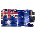 Moderncrowd - Metal Australian Flag 'Aussie Tough', 46"x24", Man Cave Decor AU Sports Art - Introducing a bit of international flavor to the 'Patriotic Collection' from Helena Martin and Modern Crowd: 'Aussie Tough' - limited edition indoor/outdoor dimensional metal wall sculpture. This weathered and worn version of the flag from Down Under is crafted here in the USA from durable industrial aluminum and weatherproof colors, suitable for both indoor and outdoor placement. This flag is routed with dramatic rips and tears, and colored in distressed blues and reds to represent the national colors of Australia. The metal panel is bent and textured all by hand, and features an artistic grind pattern with a silver metallic undertone. This dimensional Australian flag wall sculpture makes an excellent gift for an Australian rugby or soccer fan, or anyone looking to proudly display a contemporary, tattered-yet-enduring symbol of Australia!