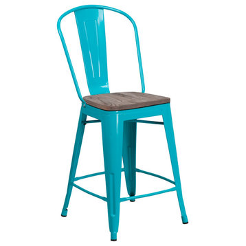 Indoor/Outdoor 24" Counter Stool With Back, Footrest, Wood Seat, Teal