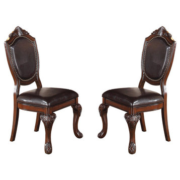 Floral Wood Frame Espresso Faux Leather Dinning Chairs, Set of 2