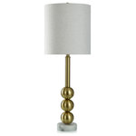 StyleCraft - Dobbins Table Lamp Brass Finish On Metal With Marble Base Hardback Shade - Highlighted by its modish geometric elements, the Harp and Finial Dobbins Table Lamp is a welcome option for lighting your home. Stacked brass spheres sit atop a circular marble base, accompanied by a harmonious linen hardback shade. This polished table lamp enhances the foyer, living room, or study, imparting an elevated look to any room.