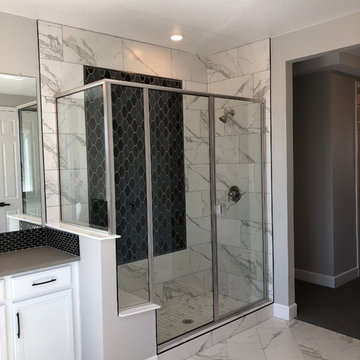 White Cabinetry~Statuary Quartz~Glam Master Bath~Fireplace Feature Wall