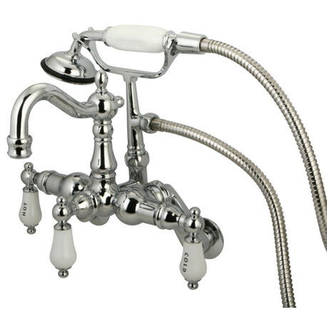 Kingston Adjustable Center Wall Mount Tub Faucet w/Hand Shower, Polished Chrome