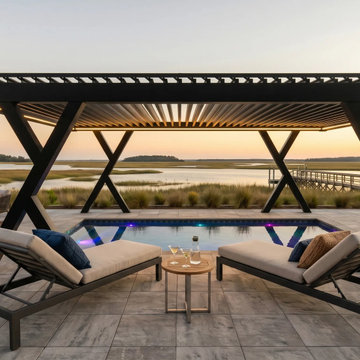 Allscape Atelier Custom X-Frame Architectural Pergola Over a Marshfront Plunge P
