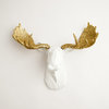 Faux Moose Head Resin Wall Mount by White Faux Taxidermy, Gold Glitter Antlers