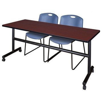 Kobe 72" Flip Top Mobile Training Table, Mahogany and 2 Zeng Stack Chairs, Blue