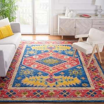Bohemian Area Rug, Bordered Wool & Oriental Floral Pattern, Red/Blue, 10' x 14'