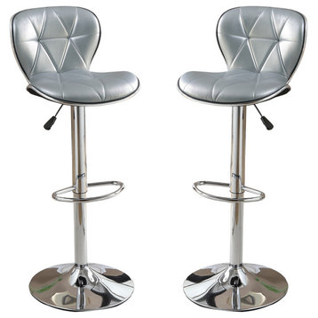 Adjustable PU Bar Stools With Footrest in Silver, Set of 2
