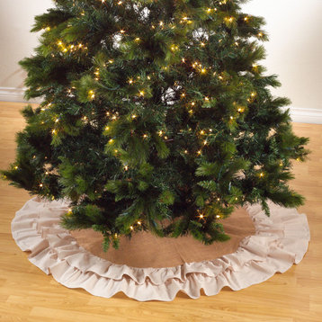 Christmas Tree Skirt With Cotton and Jute Ruffled Design, 72"x72", Natural