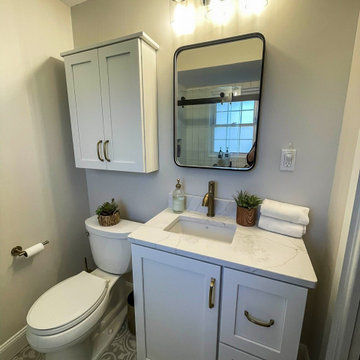 Bathroom Remodel with Custom Painted Vanity, Black and White Tiled Shower