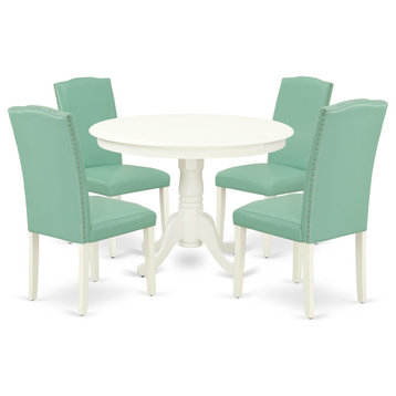 5Pc Round 42" Dinette Table, Four Parson Chair, White Leg, Pu Leather Color Pond